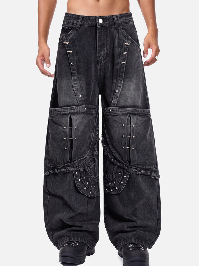 Studded Panel Washed Baggy Jeans