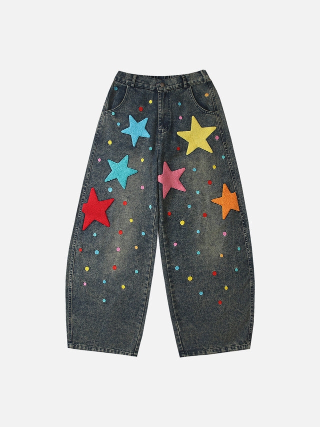 Colourful Star-Patch Baggy Jeans