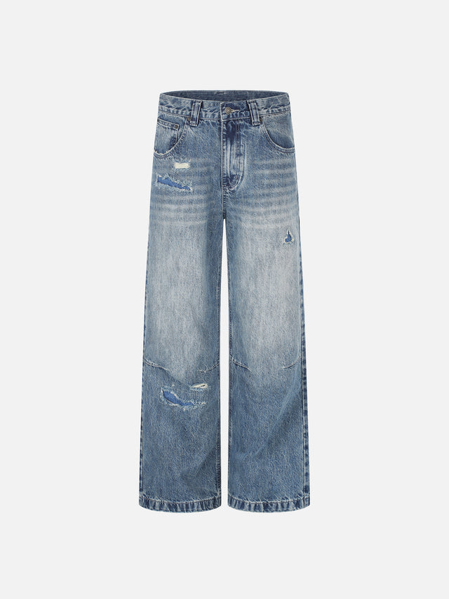 Star-and-Stripe Yoke Distressed Straight-Leg Jeans