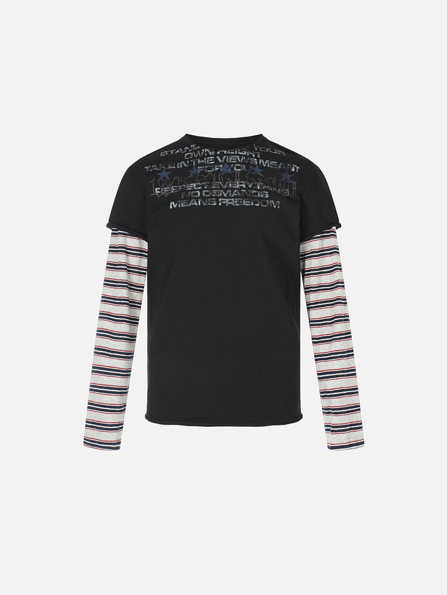 Double-Layer Striped Long-Sleeve Star Slogan Graphic Boxy T-Shirt