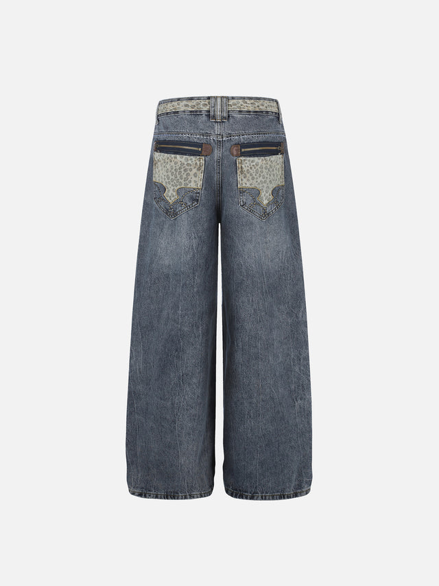 Leopard-Trim Straight-Leg Jeans