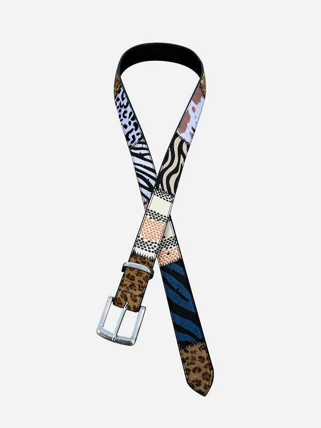 Patchwork Animal-Print Faux-Ponyhair Heavy-Stitch Western Belt