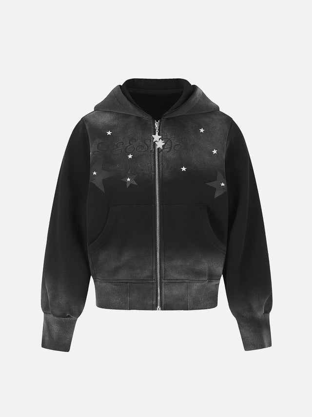 Star-Graphic Rhinestone-Trim Distressed Boxy Zip-Up Hoodie