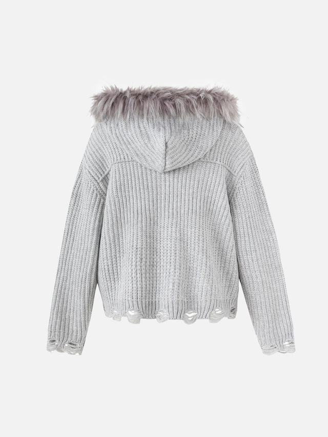 Faux-Fur Trim Hooded Distressed Chunky-Knit Boxy Cardigan