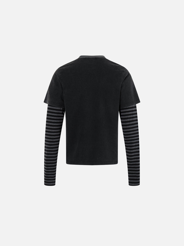 Striped Double-Layer Distressed Graphic Oversized Long-Sleeve T-Shirt
