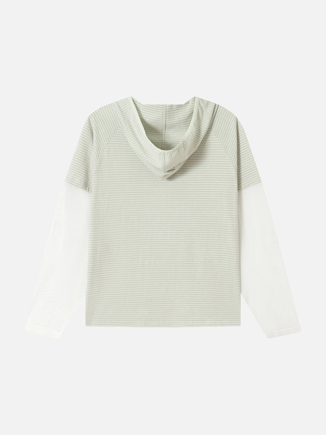 Layered Sheer-Sleeve Striped Asymmetric-Button Oversized Hooded Top
