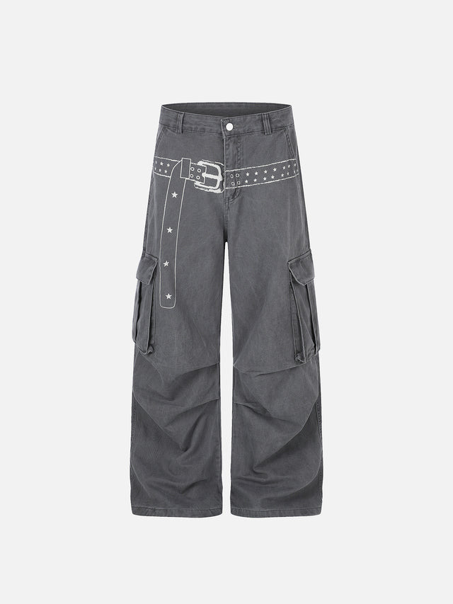 Washed Belt-Print Straight-Leg Cargo Jeans