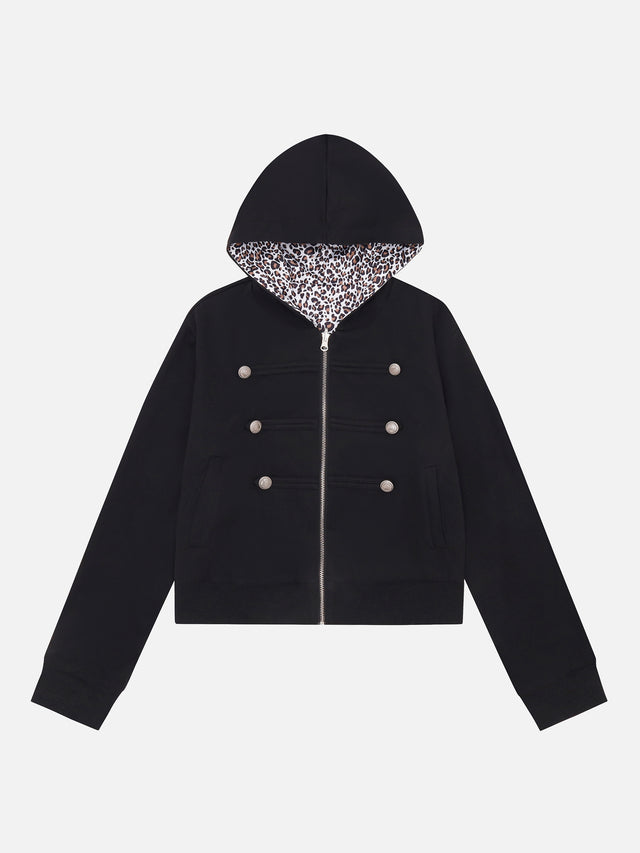 Leopard-Back Military-Button Reversible-Look Boxy Zip Hoodie
