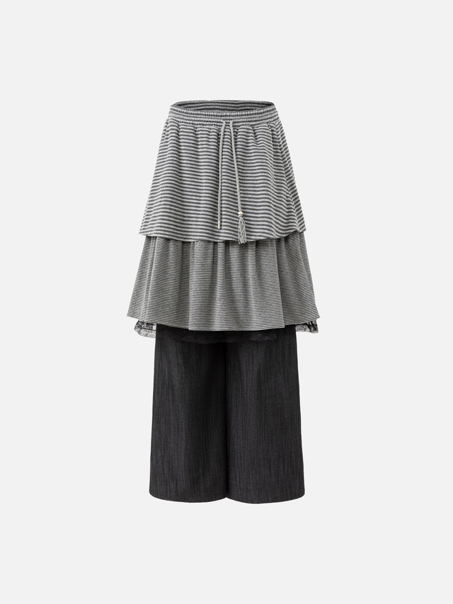 Layered Striped Ruffled-Skirt Baggy Pants