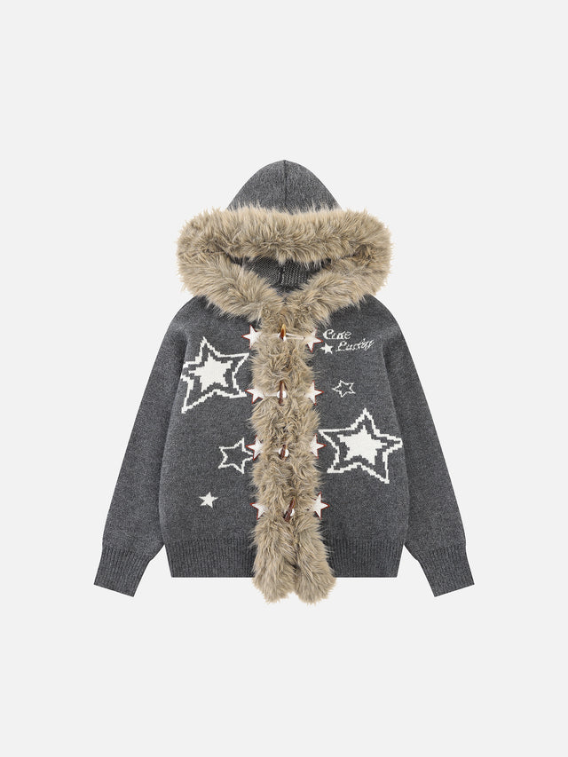 Faux-Fur-Trim Star-Jacquard Oversized Hooded Knit Cardigan
