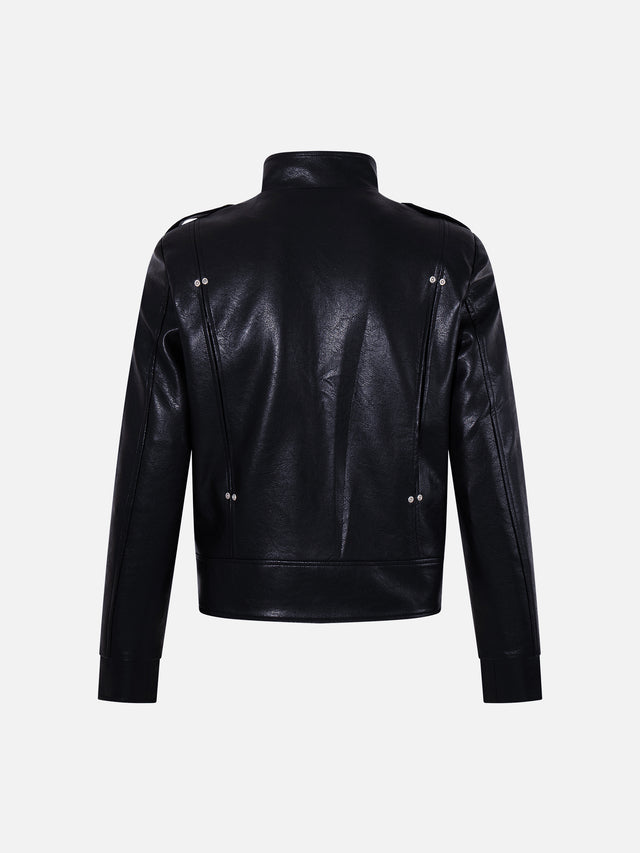Napoleon-Inspired Braided-Trim Boxy Faux-Leather Zip-Up Jacket