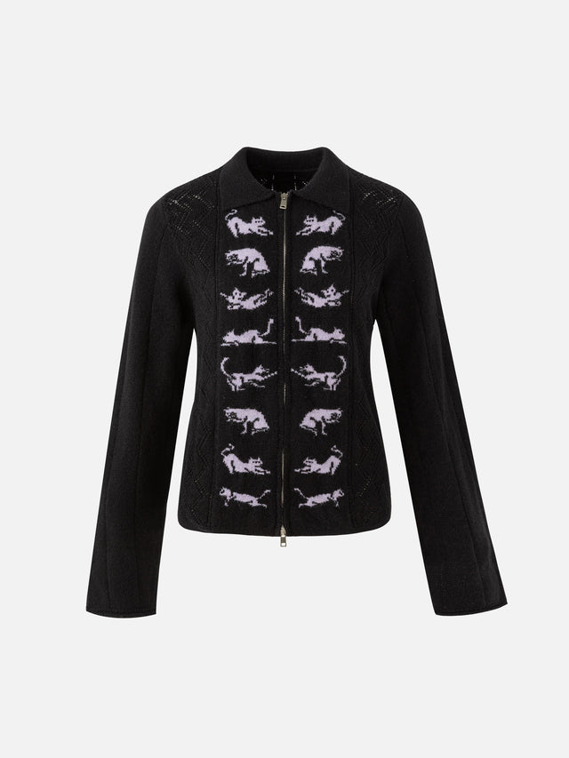 Cat-Jacquard Open-Knit Slim Zip Cardigan
