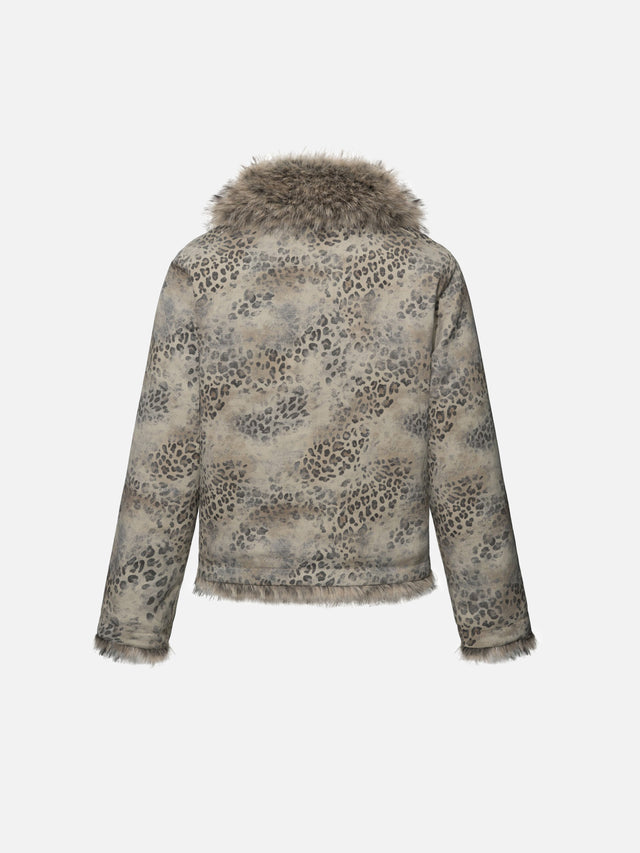 Leopard Print Faux-Fur Trim Multi-Zip Buckled Boxy Moto Jacket