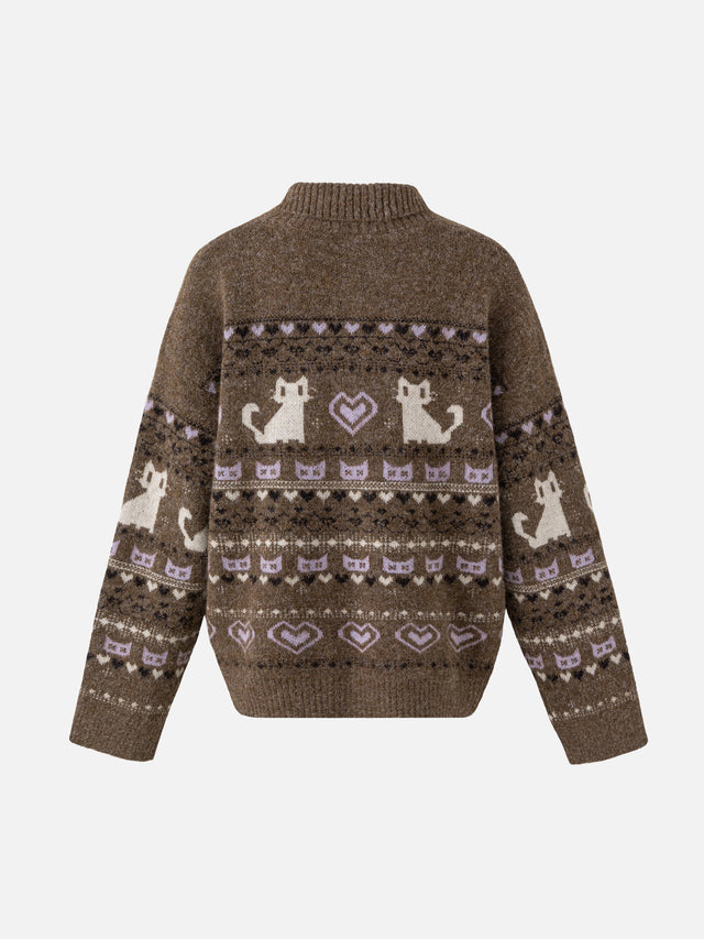 Cat-Motif Fair Isle Relaxed-Fit Collared Cardigan