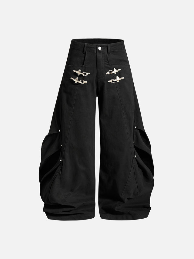 Hardware-Detail Draped Baggy Jeans