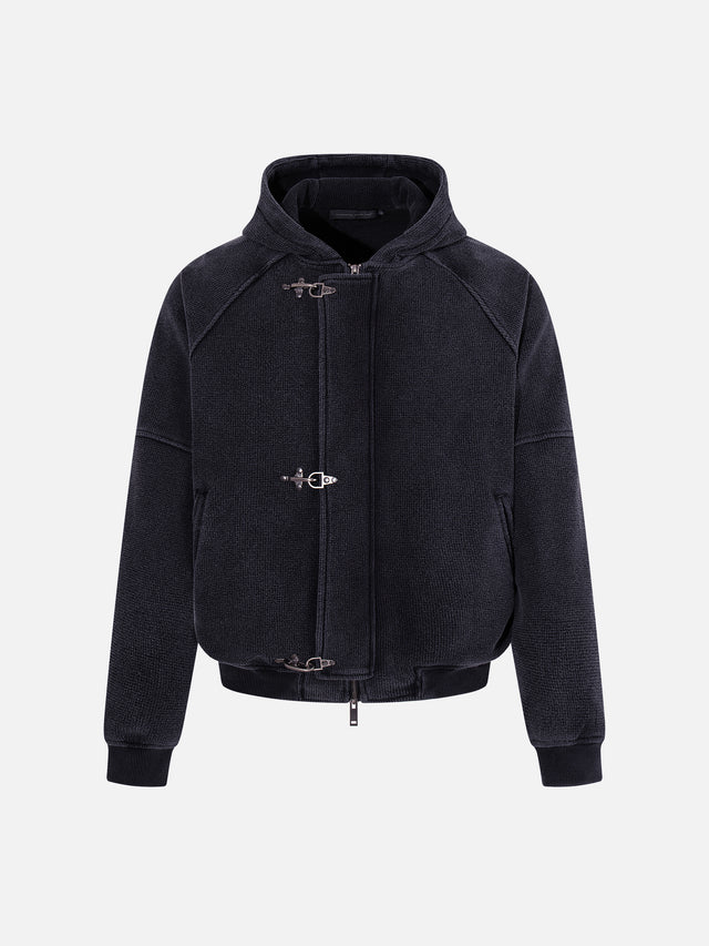 Buckle-Fastened Waffle-Knit Oversized Zip-Up Hoodie