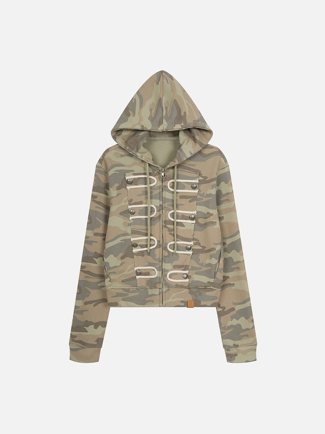 Camo Military-Braid Boxy Zip-Up Hoodie