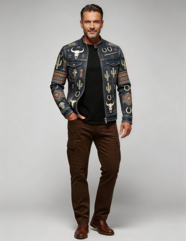 Men's Stand Collar Zipper Jacket Cycling Motorcycle Suit Trendy Denim Jacket