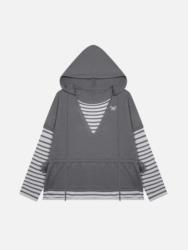 Butterfly Embroidery Striped Double-Layer V-Neck Oversized Knit Hoodie