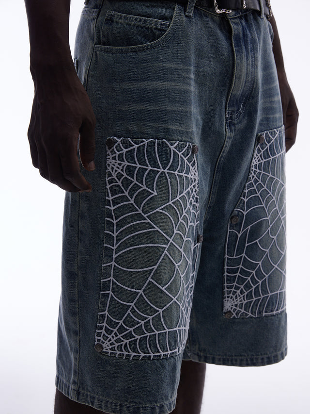 Spiderweb-Embroidered Double-Knee Denim Shorts