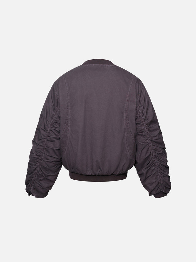 Fireman Clip Ruched-Sleeve Washed Boxy Bomber Jacket