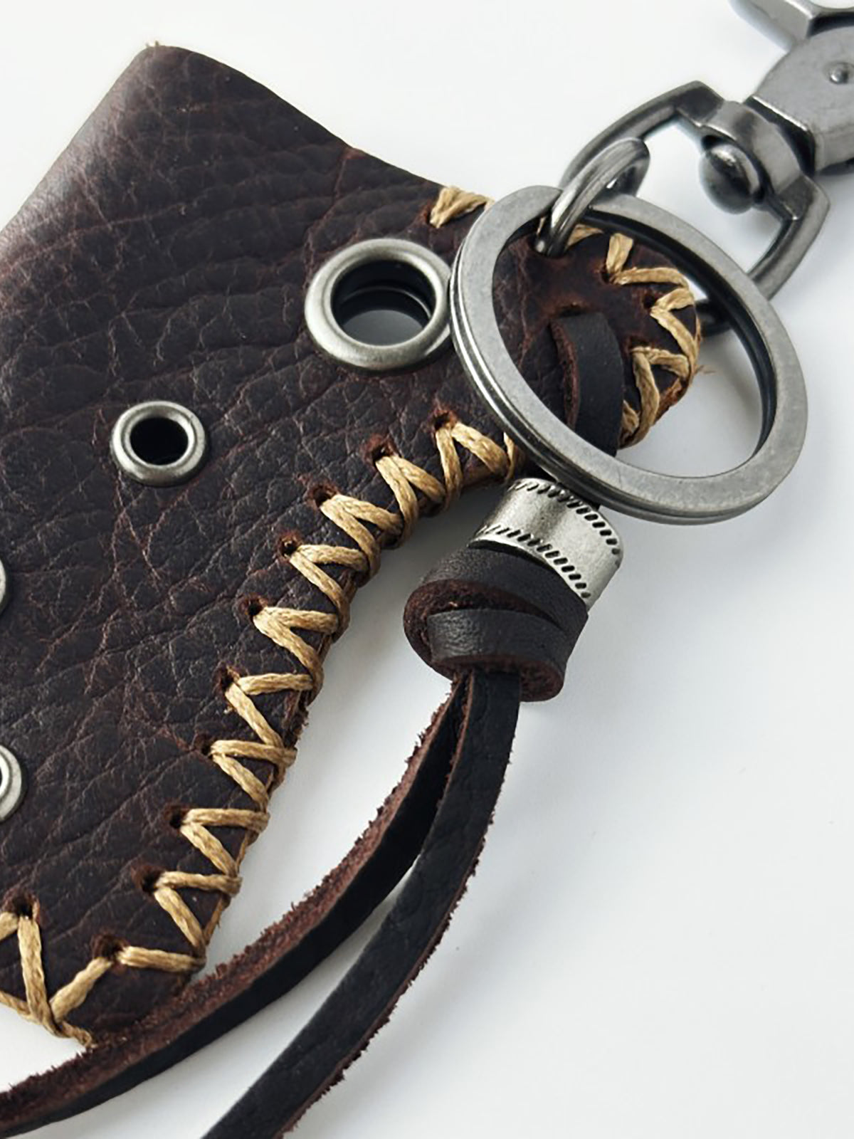 Grommet Studded Hand-Stitched Leather Pouch Swivel Clip Keychain