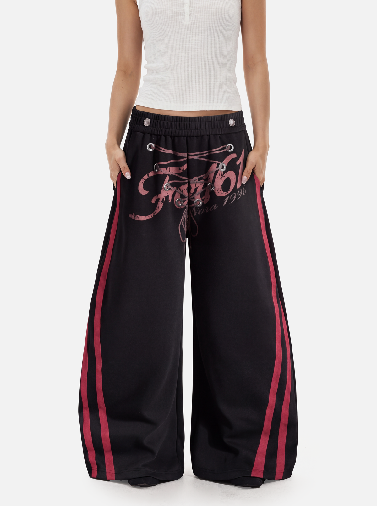 Side-Striped Lace-Up Graphic Baggy Sweatpants