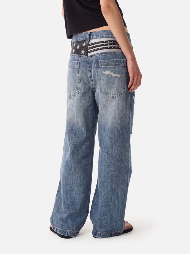 Star-and-Stripe Yoke Distressed Straight-Leg Jeans