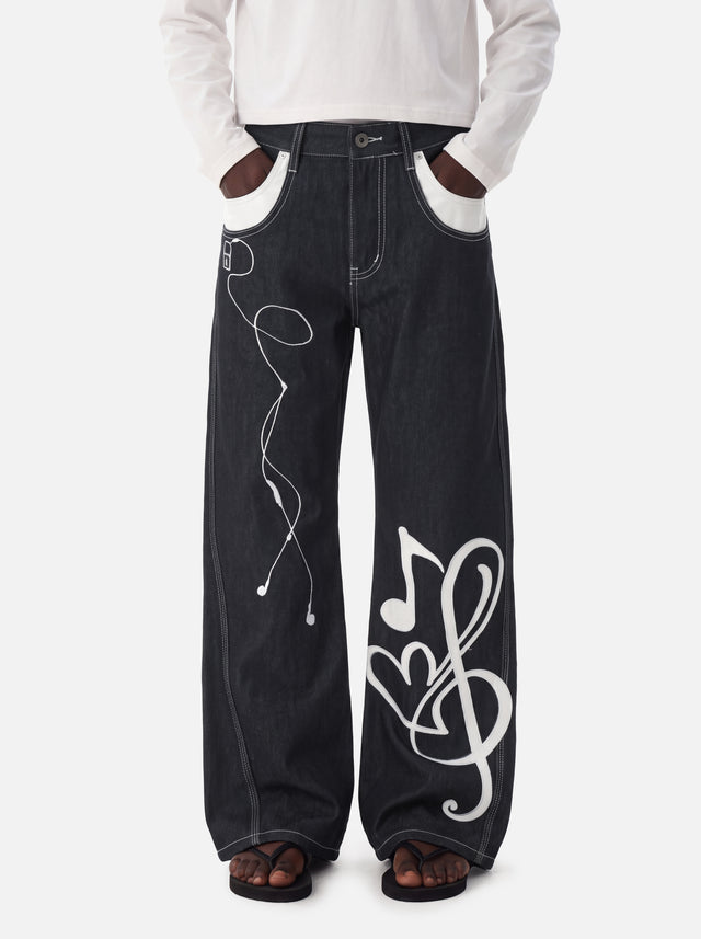 Musical Clef MP3 Earphone Graphic Contrast-Pocket Straight Denim Jeans