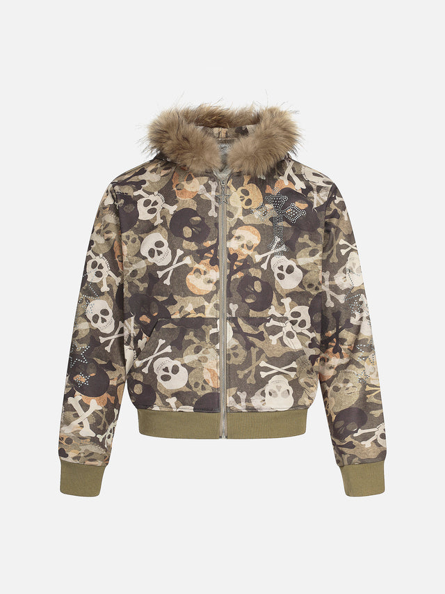 Skull Camo Fur-Trim Boxy Zip-Up Hoodie