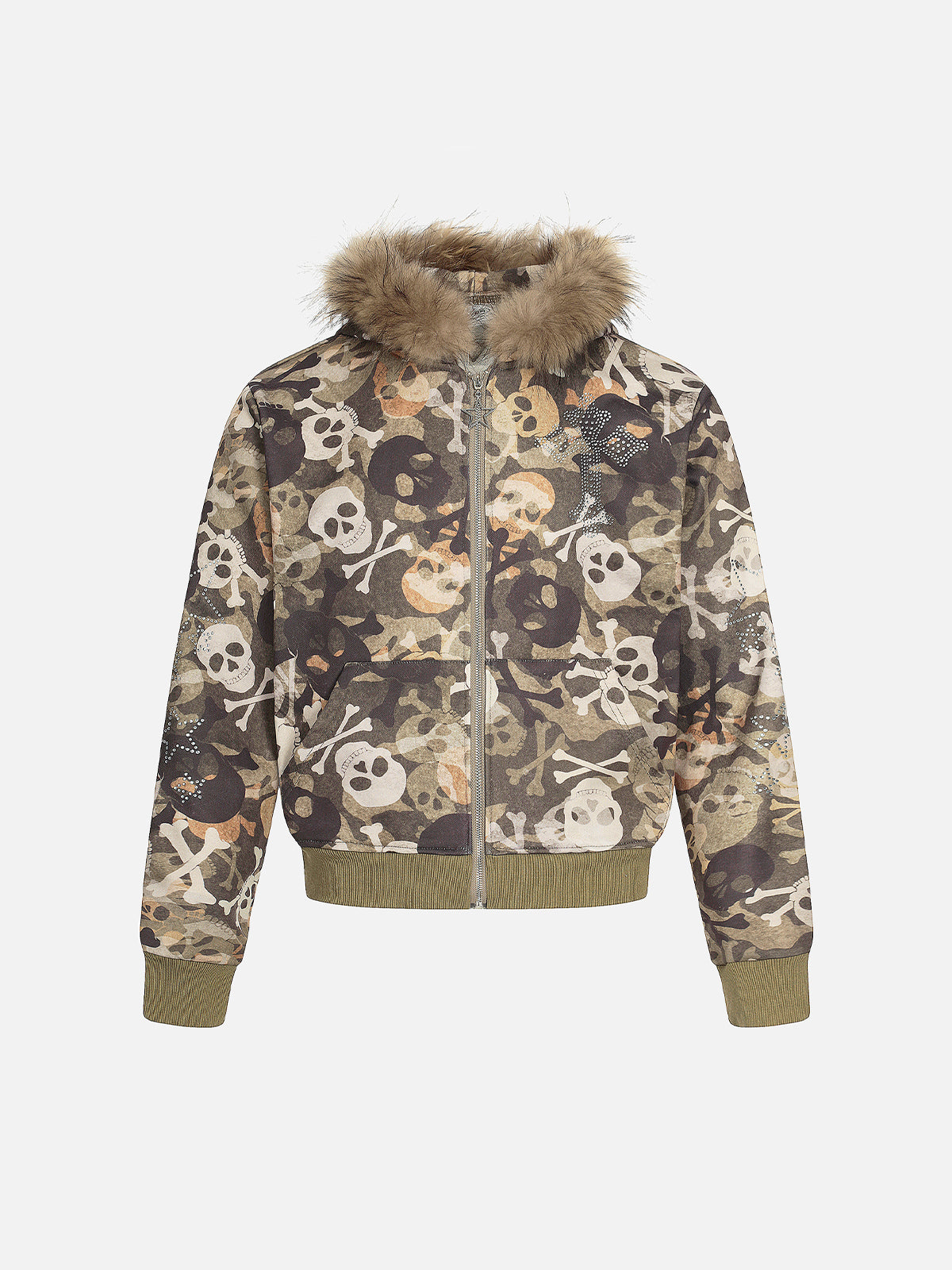 Skull Camo Fur-Trim Boxy Zip-Up Hoodie