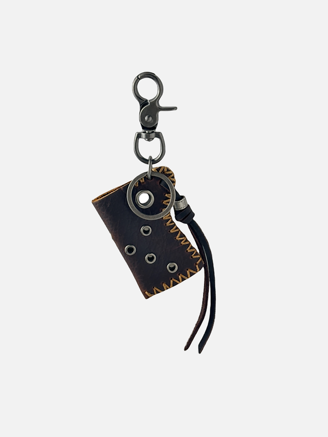 Grommet Studded Hand-Stitched Leather Pouch Swivel Clip Keychain