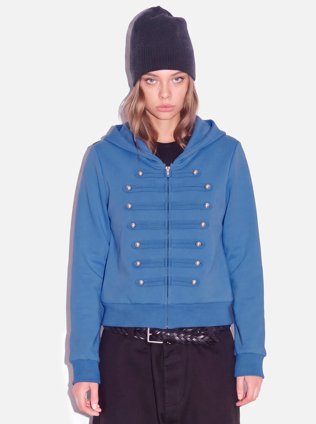 Military Hussar Buttoned Cord-Trim Boxy Zip Hoodie
