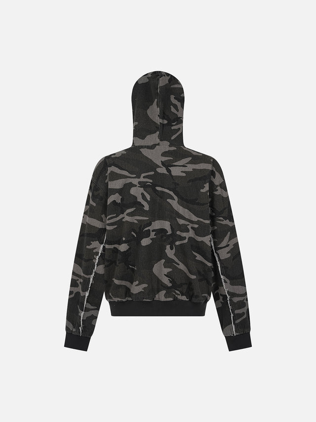 Raw-Edge Seam Camouflage Multi-Zip Oversized Denim Hoodie
