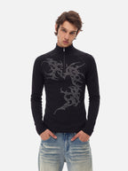Rhinestone-Graphic Half-Zip Slim-Fit Mock-Neck Top