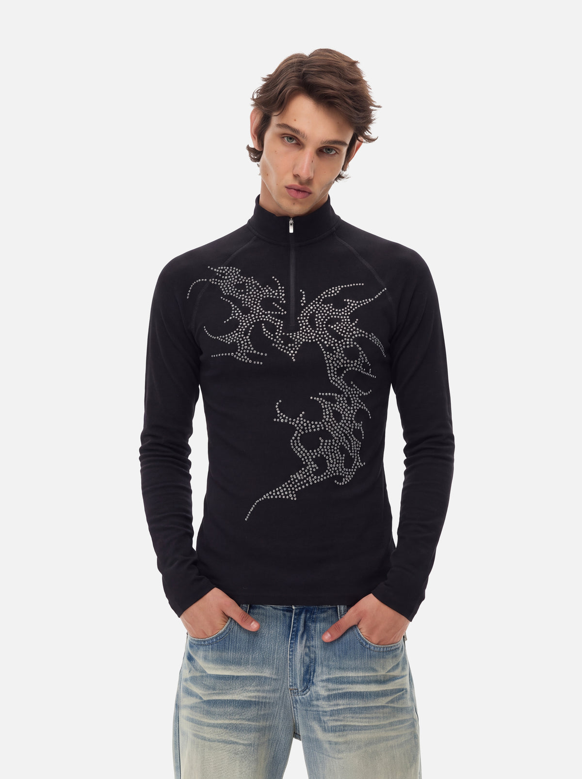 Rhinestone-Graphic Half-Zip Slim-Fit Mock-Neck Top