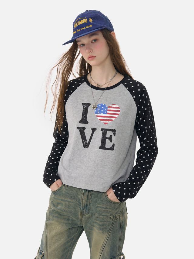Star-Print Raglan Sleeve Cropped Graphic Long-Sleeve T-Shirt