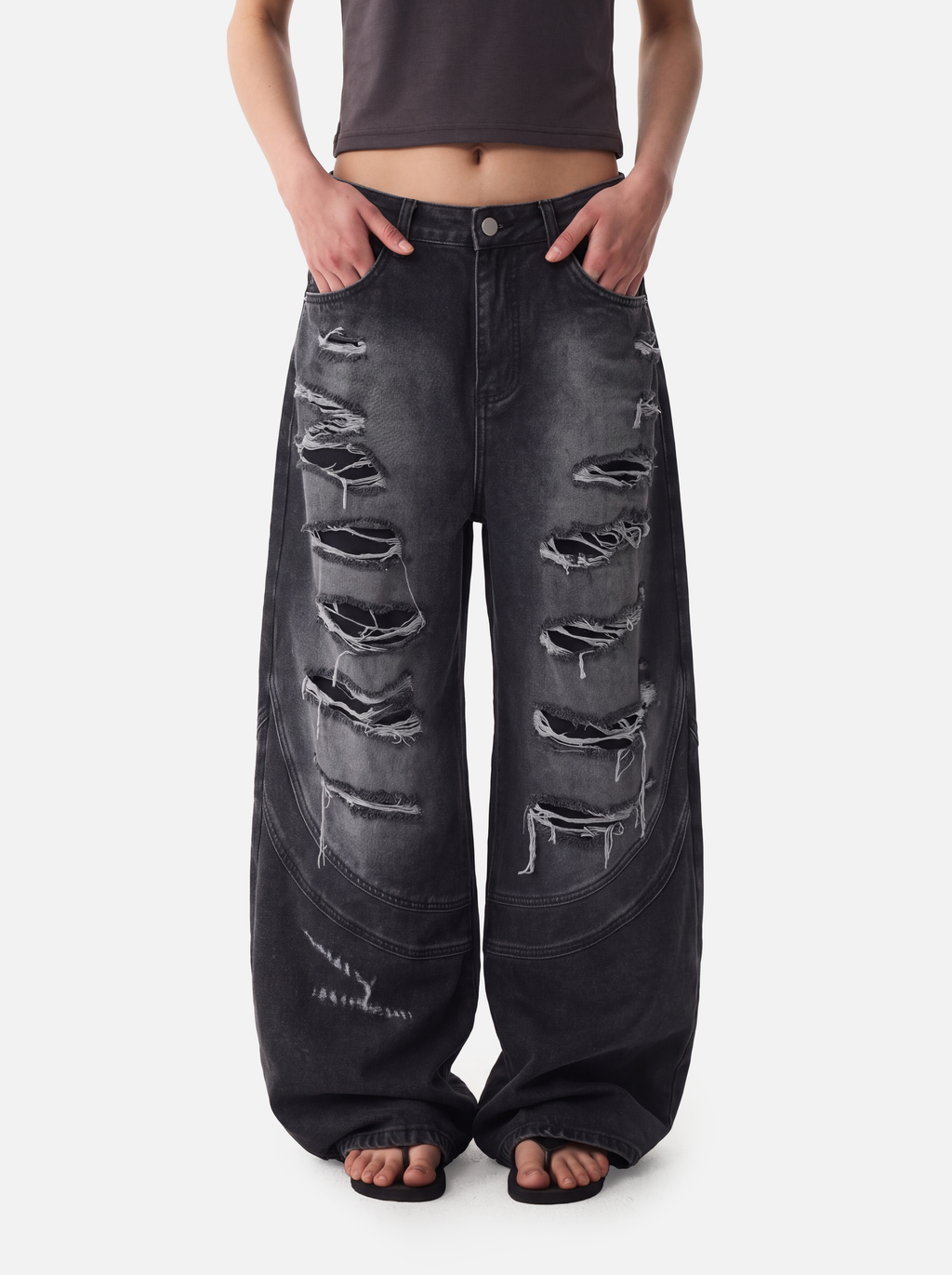 Distressed Cross-Embroidered Baggy Jeans