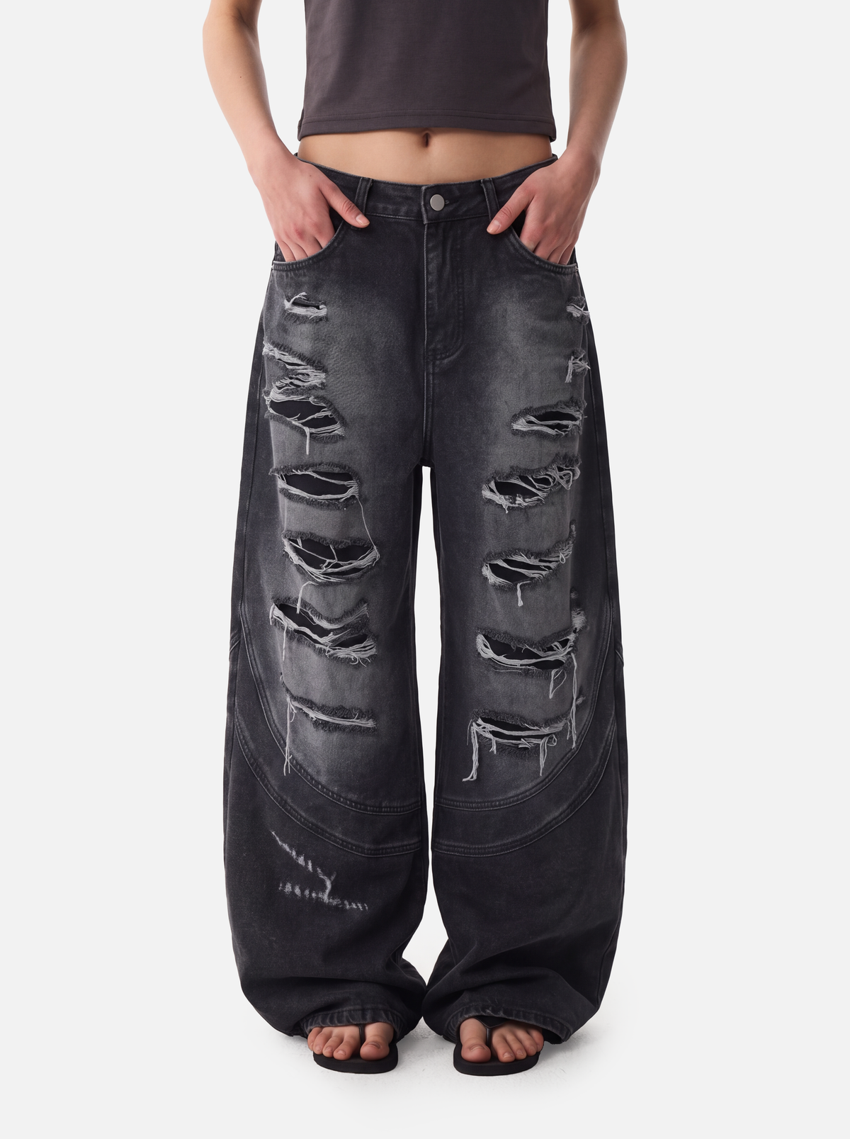 Distressed Cross-Embroidered Baggy Jeans