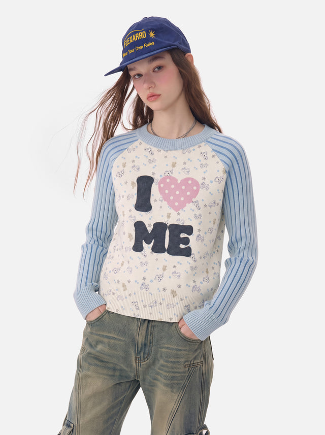 "I ♥ ME" Raglan Ribbed-Sleeve Jacquard Knit Sweater