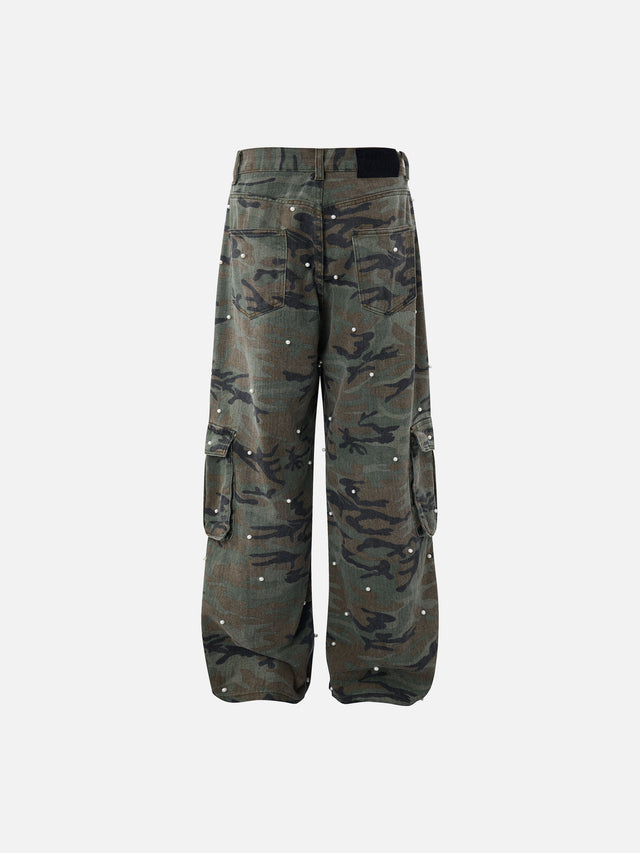 Pearl-Embellished Camo Baggy Cargo Jeans