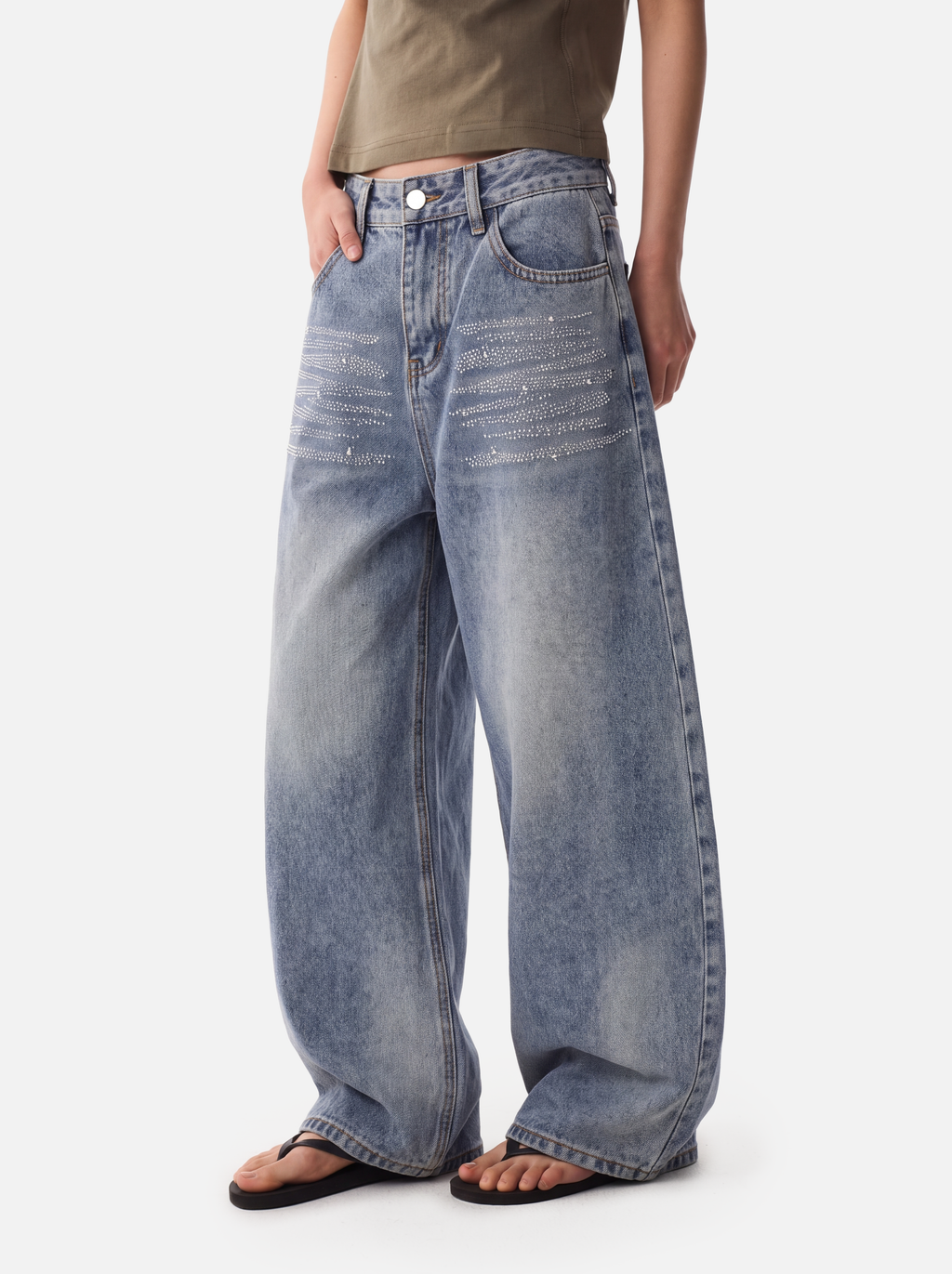 Rhinestone-Embellished Balloon Baggy Jeans