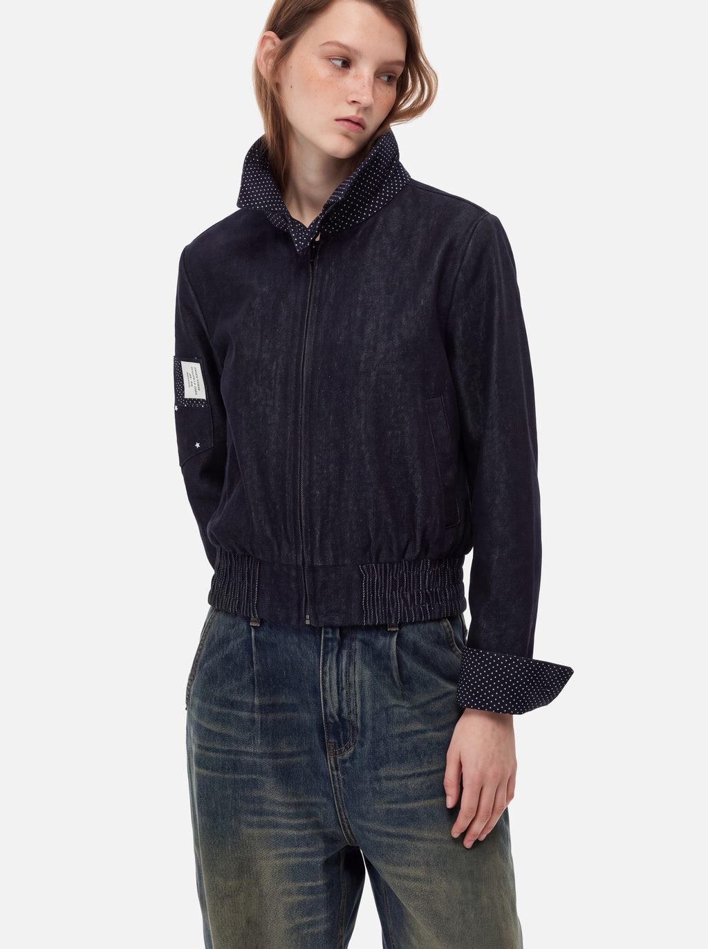 Polka-Dot Panelled Boxy Denim Jacket