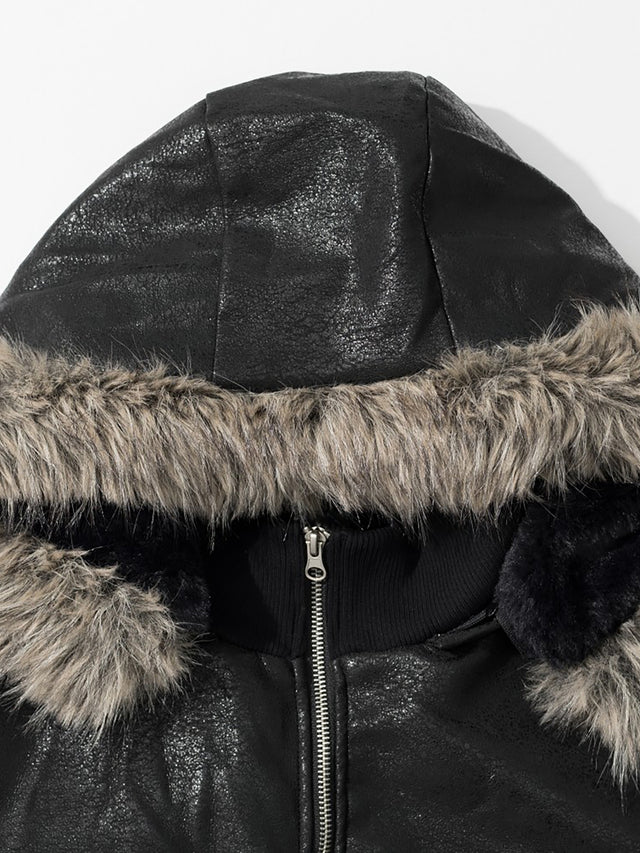 Faux-Fur Trim Hooded Eyelet-Belted Faux-Leather Boxy Moto Jacket