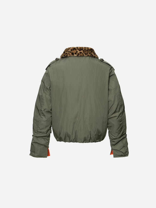 Leopard Faux-Fur Collar Hussar Military Button Boxy Bomber Jacket