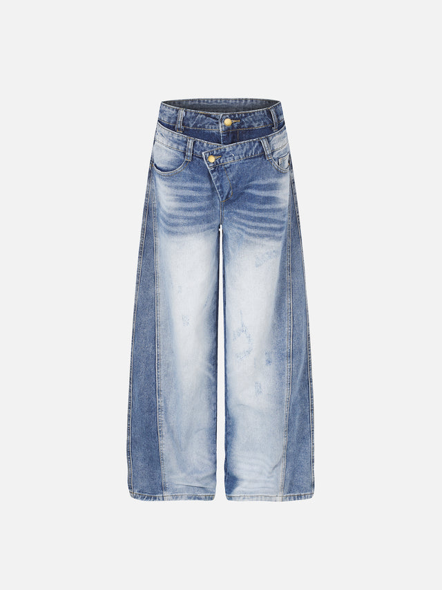 Double-Waist Contrast-Panelled Baggy Jeans