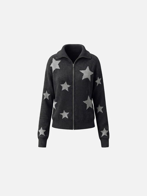 All-Over Star Jacquard Spread Collar Boxy Knit Cardigan