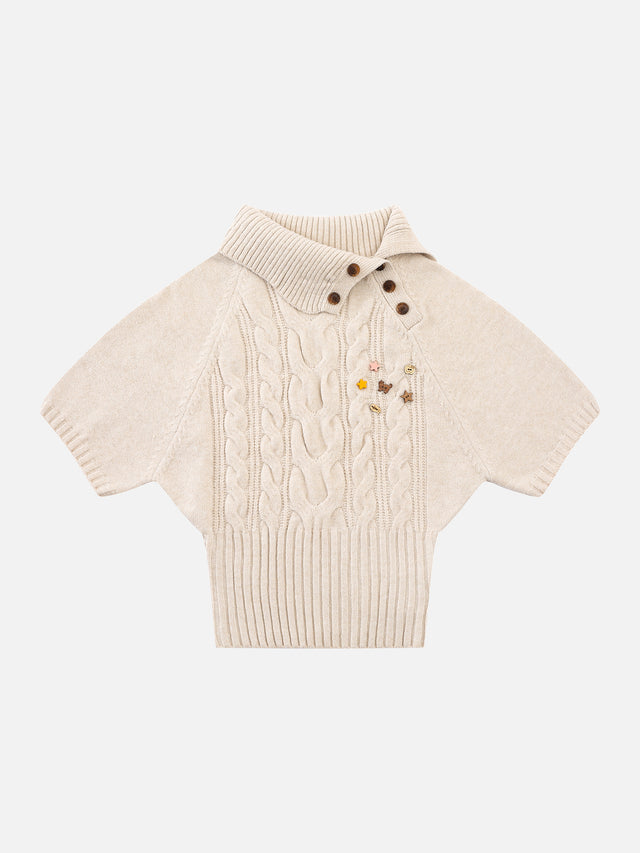 Wool-Blend Cable-Knit Asymmetrical-Collar Slim-Fit Short-Sleeve Sweater