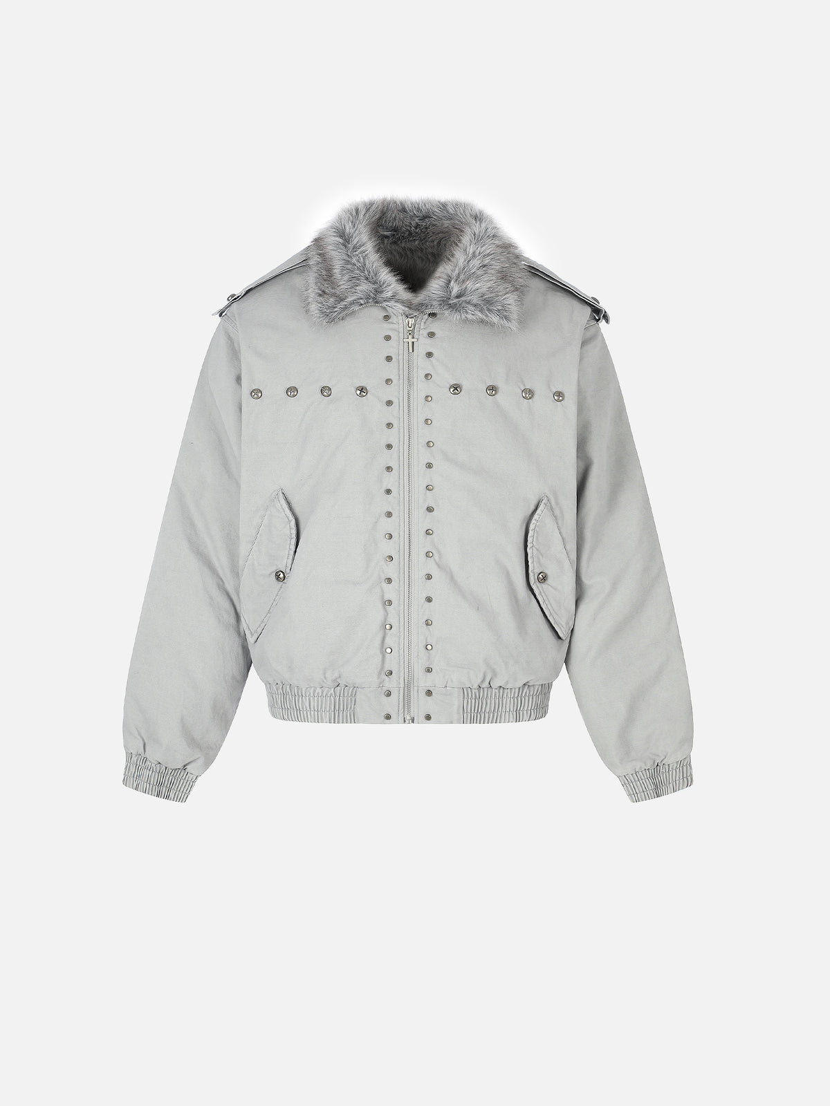 Faux-Fur Collar Cross-Studded Military Boxy Bomber Jacket