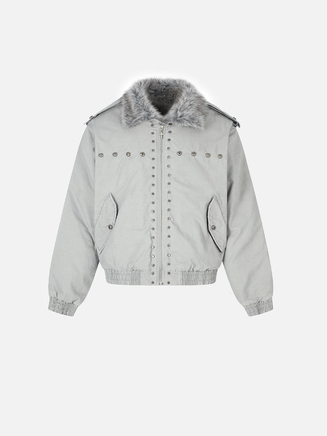 Faux-Fur Collar Cross-Studded Military Boxy Bomber Jacket